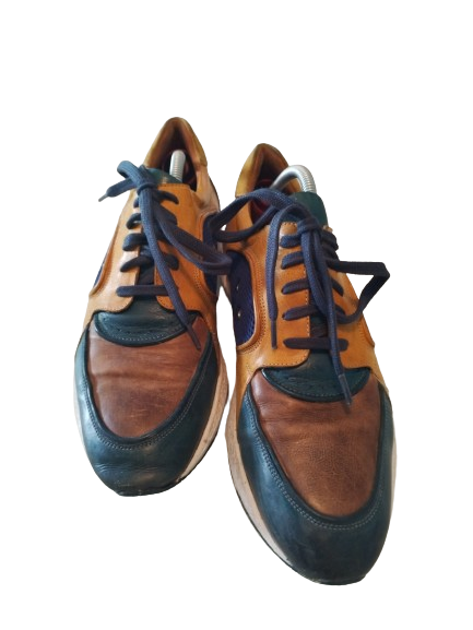 Brown and blue sneakers