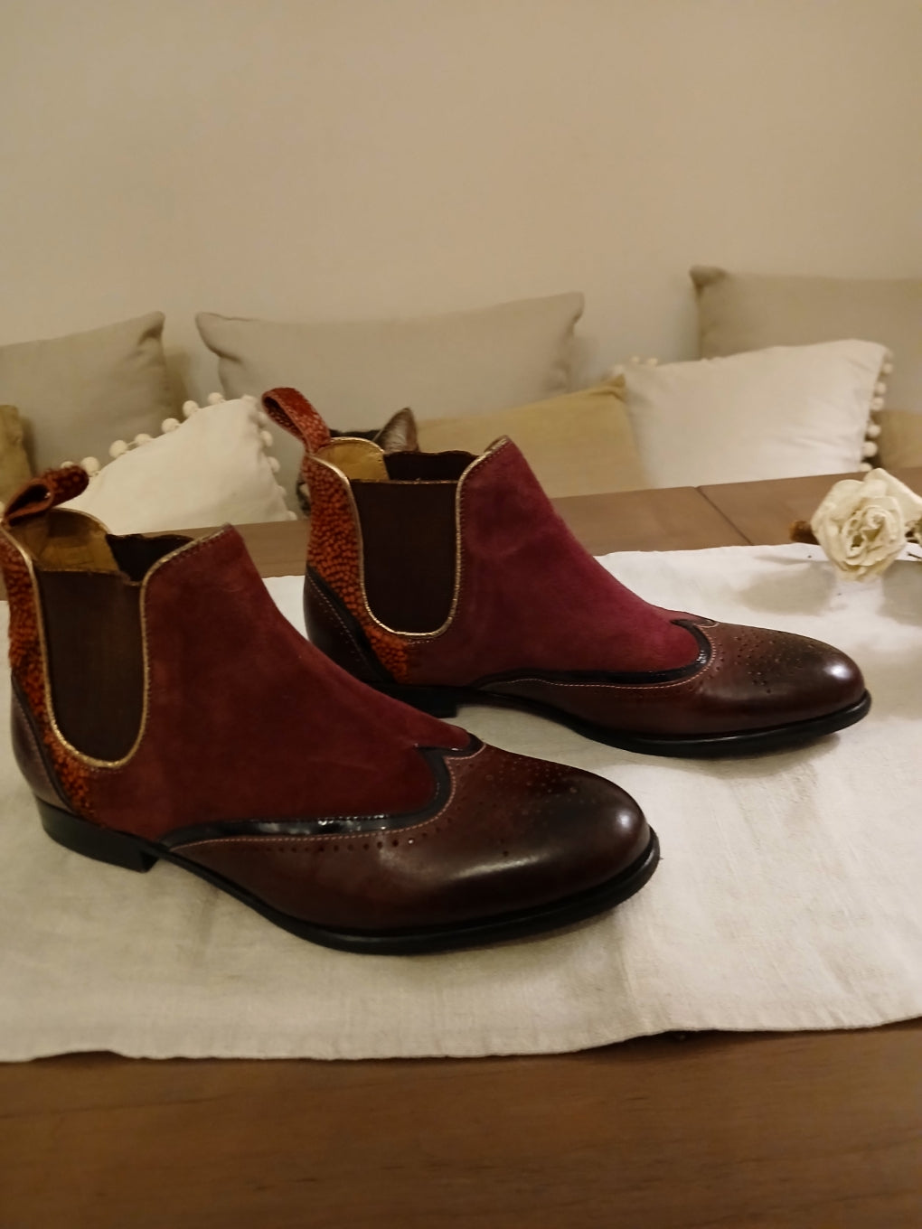 plum ankle boots, speckled heels and golden piping