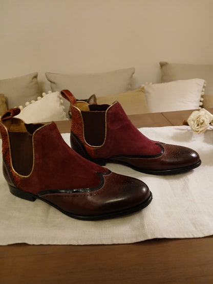 plum ankle boots, speckled heels and golden piping